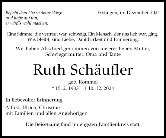 Traueranzeige von Ruth Schäufler von Eßlinger Zeitung/Cannstatter Zeitung