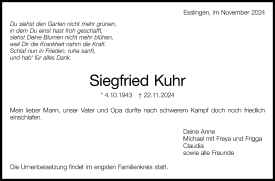 Traueranzeige von Siegfried Kuhr von Eßlinger Zeitung/Cannstatter Zeitung