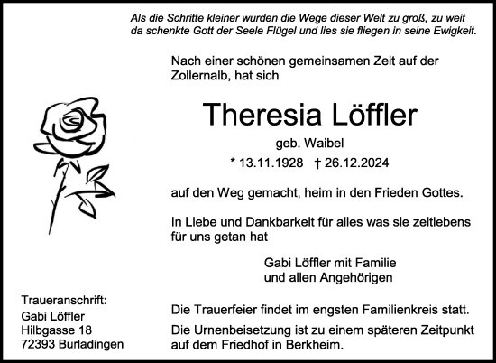 Traueranzeige von Theresia Löffler von Eßlinger Zeitung/Cannstatter Zeitung