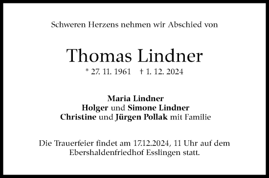 Traueranzeige von Thomas Lindner von Eßlinger Zeitung/Cannstatter Zeitung