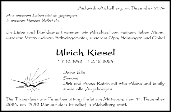 Traueranzeige von Ulrich Kiesel von Eßlinger Zeitung/Cannstatter Zeitung