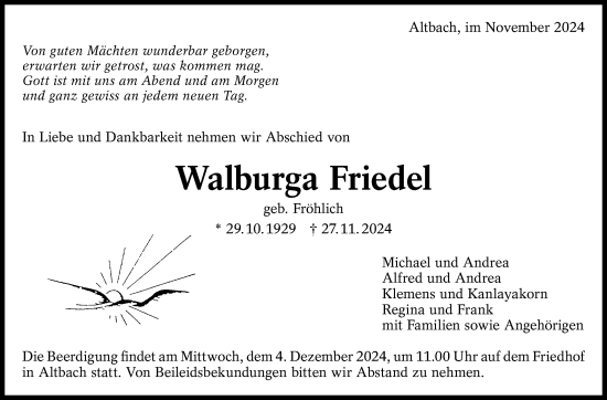 Traueranzeige von Walburga Friedel von Eßlinger Zeitung/Cannstatter Zeitung