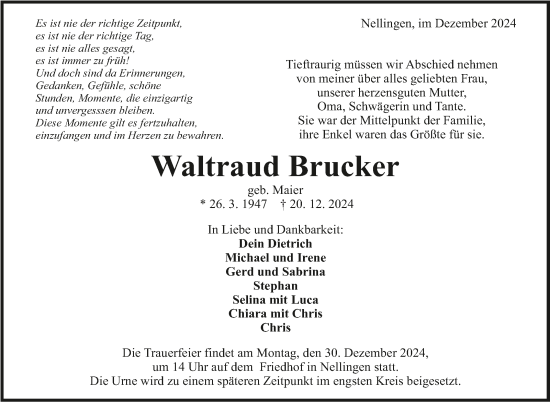 Traueranzeige von Waltraud Brucker von Eßlinger Zeitung/Cannstatter Zeitung