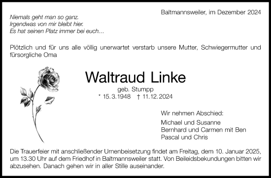 Traueranzeige von Waltraud Linke von Eßlinger Zeitung/Cannstatter Zeitung