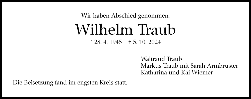  Traueranzeige für Wilhelm Traub vom 03.12.2024 aus Eßlinger Zeitung/Cannstatter Zeitung