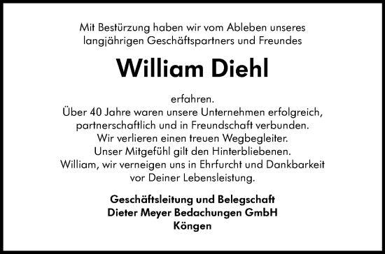 Traueranzeige von William Diehl von Eßlinger Zeitung/Cannstatter Zeitung