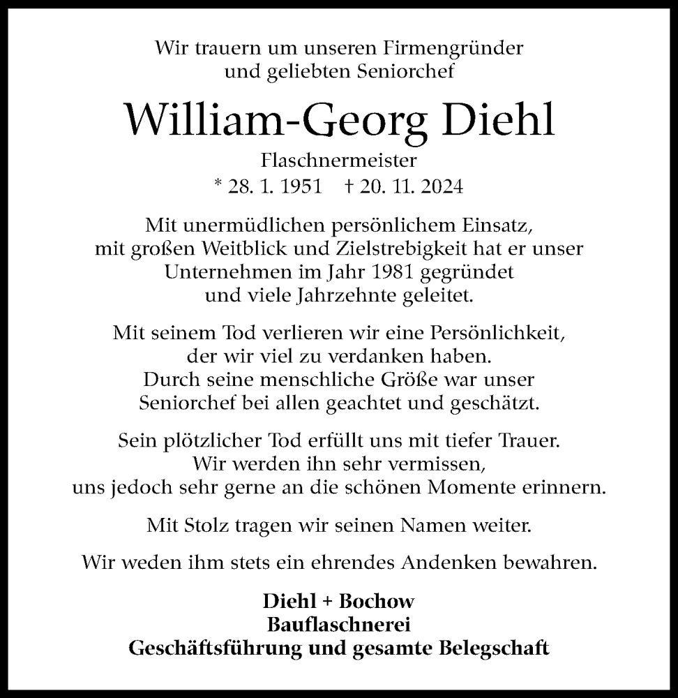 Traueranzeige für William-Georg Diehl vom 04.12.2024 aus Eßlinger Zeitung/Cannstatter Zeitung