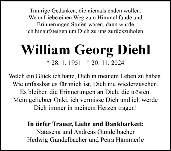 Traueranzeige von William Georg Diehl von Eßlinger Zeitung/Cannstatter Zeitung