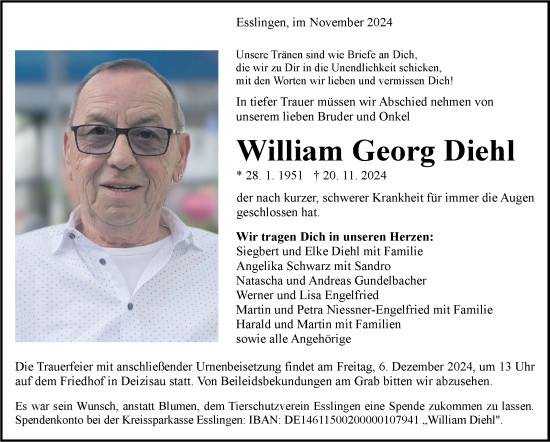 Traueranzeige von William Georg Diehl von Eßlinger Zeitung/Cannstatter Zeitung