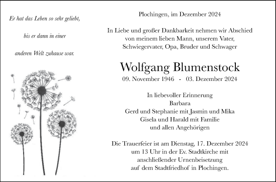 Traueranzeige von Wolfgang Blumenstock von Eßlinger Zeitung/Cannstatter Zeitung