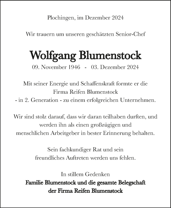 Traueranzeige von Wolfgang Blumenstock von Eßlinger Zeitung/Cannstatter Zeitung