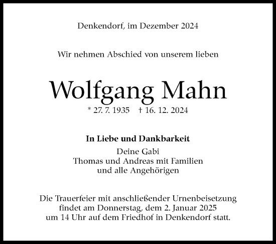 Traueranzeige von Wolfgang Mahn von Eßlinger Zeitung/Cannstatter Zeitung