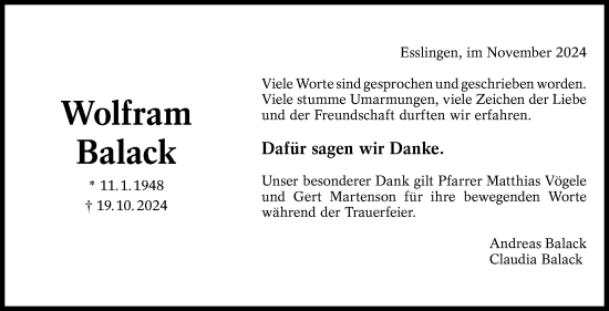 Traueranzeige von Wolfram Balack von Eßlinger Zeitung/Cannstatter Zeitung