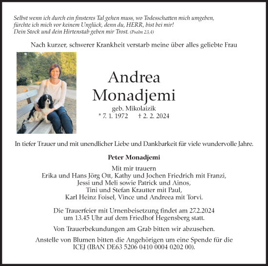 Traueranzeige von Andrea Monadjemi von Eßlinger Zeitung/Cannstatter Zeitung