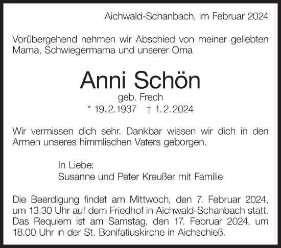 Traueranzeige von Anni Schön von Eßlinger Zeitung/Cannstatter Zeitung