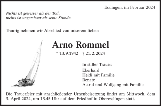 Traueranzeige von Arno Rommel von Eßlinger Zeitung/Cannstatter Zeitung