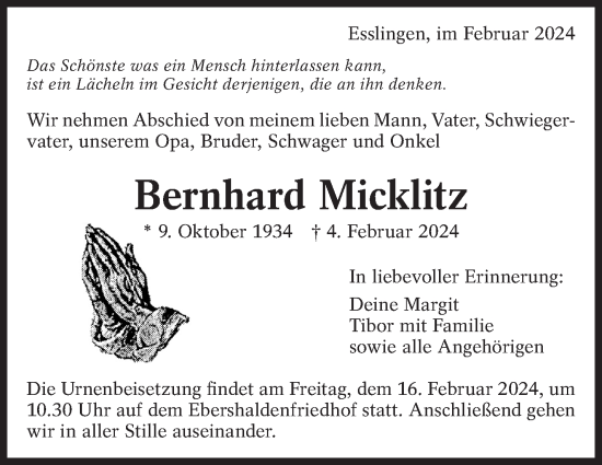 Traueranzeige von Bernhard Micklitz von Eßlinger Zeitung/Cannstatter Zeitung