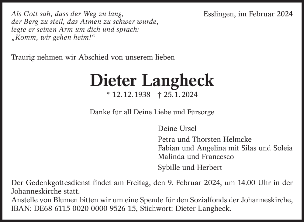  Traueranzeige für Dieter Langheck vom 03.02.2024 aus Eßlinger Zeitung/Cannstatter Zeitung