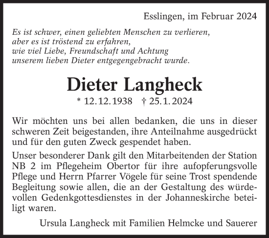 Traueranzeige von Dieter Langheck von Eßlinger Zeitung/Cannstatter Zeitung