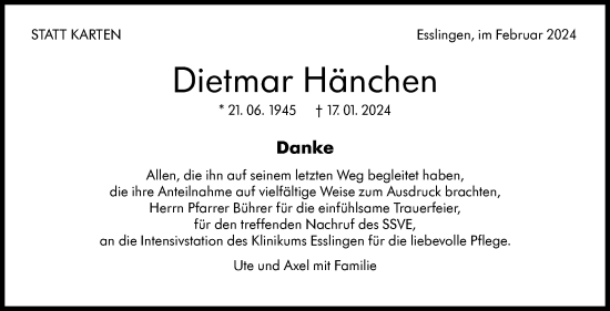 Traueranzeige von Dietmar Hänchen von Eßlinger Zeitung/Cannstatter Zeitung