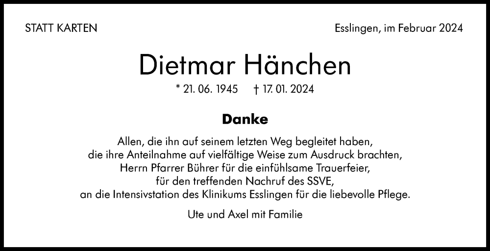  Traueranzeige für Dietmar Hänchen vom 17.02.2024 aus Eßlinger Zeitung/Cannstatter Zeitung