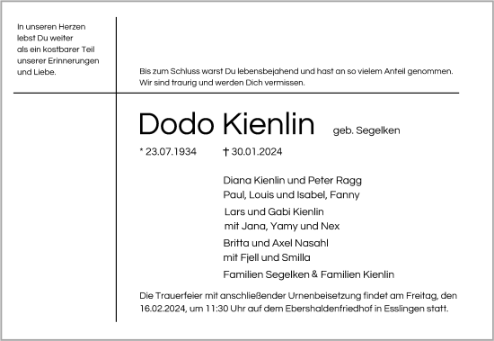 Traueranzeige von Dodo Kienlin von Eßlinger Zeitung/Cannstatter Zeitung
