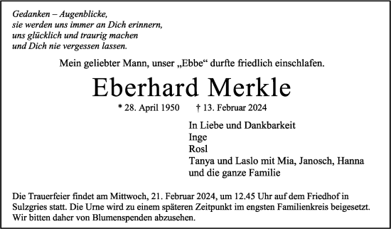 Traueranzeige von Eberhard Merkle von Eßlinger Zeitung/Cannstatter Zeitung