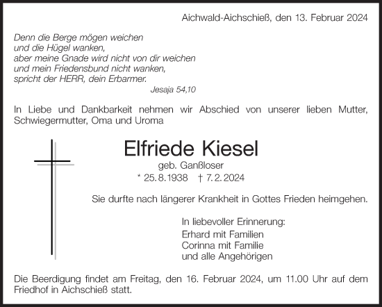 Traueranzeige von Elfriede Kiesel von Eßlinger Zeitung/Cannstatter Zeitung