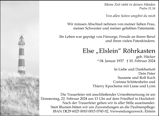 Traueranzeige von Else Röhrkasten von Eßlinger Zeitung/Cannstatter Zeitung