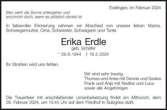 Traueranzeige von Erika Erdle von Eßlinger Zeitung/Cannstatter Zeitung