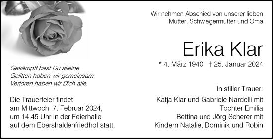 Traueranzeige von Erika Klar von Eßlinger Zeitung/Cannstatter Zeitung