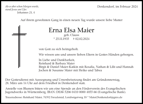 Traueranzeige von Erna Elsa Maier von Eßlinger Zeitung/Cannstatter Zeitung