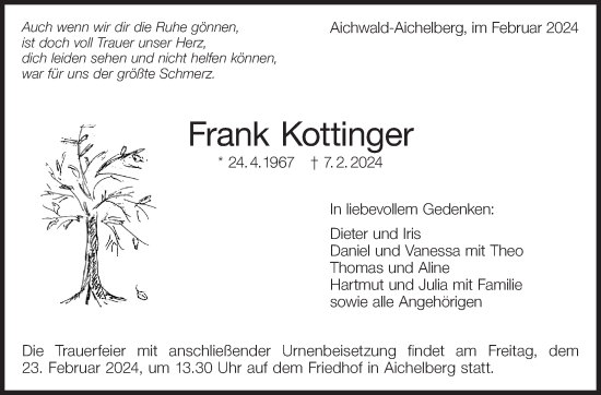 Traueranzeige von Frank Kottinger von Eßlinger Zeitung/Cannstatter Zeitung