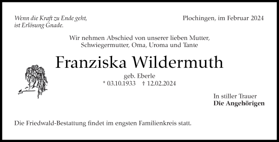 Traueranzeige von Franziska Wildermuth von Eßlinger Zeitung/Cannstatter Zeitung