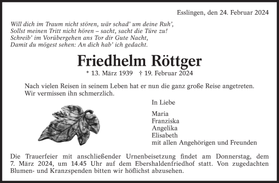 Traueranzeige von Friedhelm Röttger von Eßlinger Zeitung/Cannstatter Zeitung