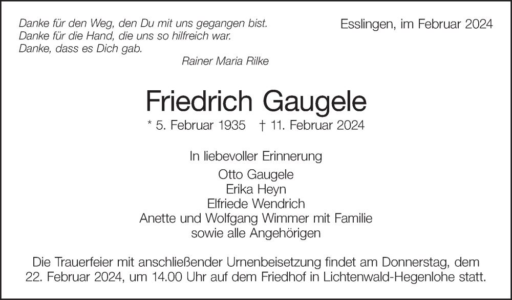  Traueranzeige für Friedrich Gaugele vom 17.02.2024 aus Eßlinger Zeitung/Cannstatter Zeitung