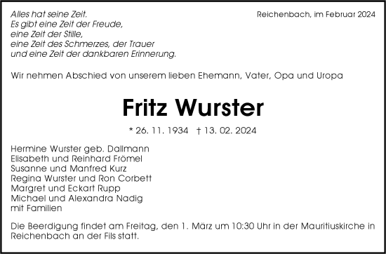 Traueranzeige von Fritz Wurster von Eßlinger Zeitung/Cannstatter Zeitung