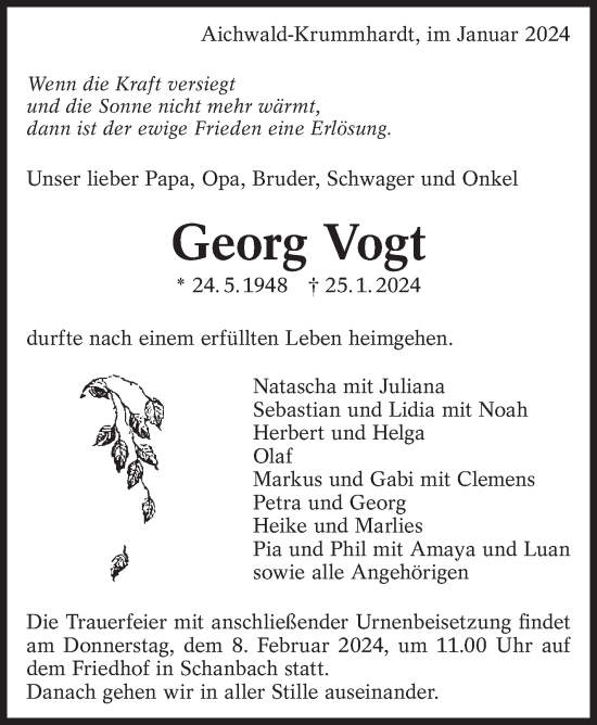 Traueranzeige von Georg Vogt von Eßlinger Zeitung/Cannstatter Zeitung