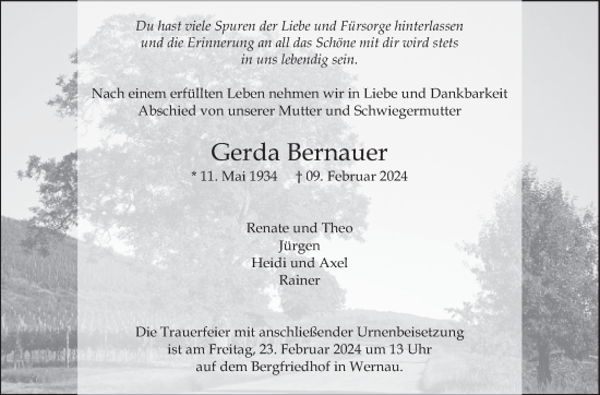 Traueranzeige von Gerda Bernauer von Eßlinger Zeitung/Cannstatter Zeitung