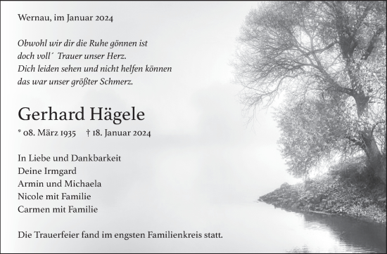 Traueranzeige von Gerhard Hägele von Eßlinger Zeitung/Cannstatter Zeitung