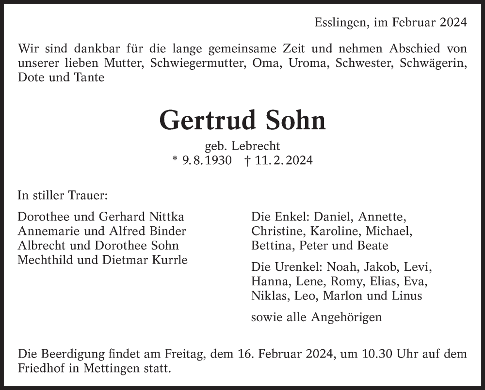  Traueranzeige für Gertrud Sohn vom 14.02.2024 aus Eßlinger Zeitung/Cannstatter Zeitung