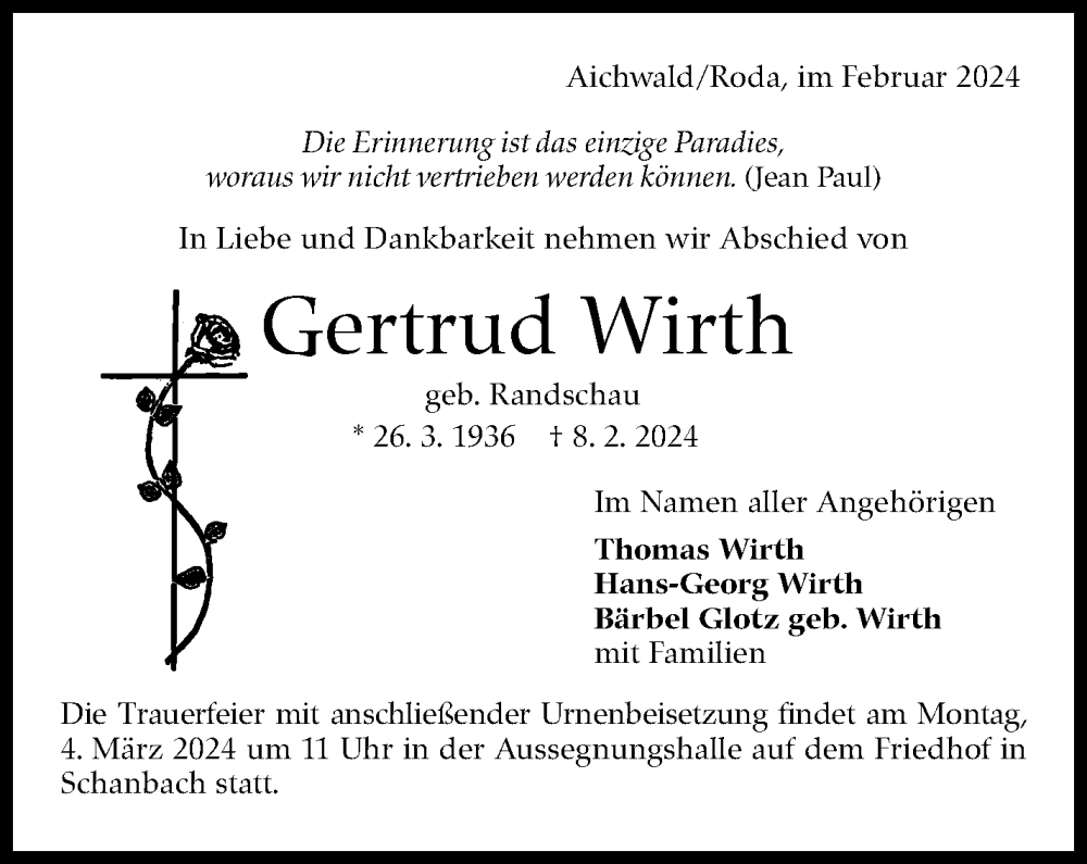  Traueranzeige für Gertrud Wirth vom 28.02.2024 aus Eßlinger Zeitung/Cannstatter Zeitung