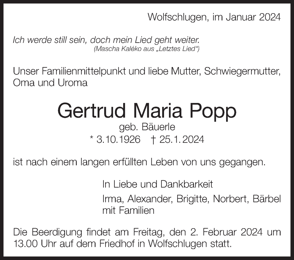  Traueranzeige für Gertrud Maria Popp vom 31.01.2024 aus Eßlinger Zeitung/Cannstatter Zeitung