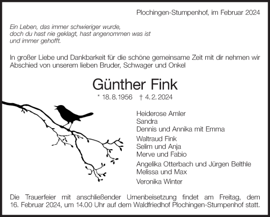 Traueranzeige von Günther Fink von Eßlinger Zeitung/Cannstatter Zeitung
