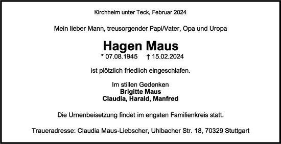 Traueranzeige von Hagen Maus von Eßlinger Zeitung/Cannstatter Zeitung
