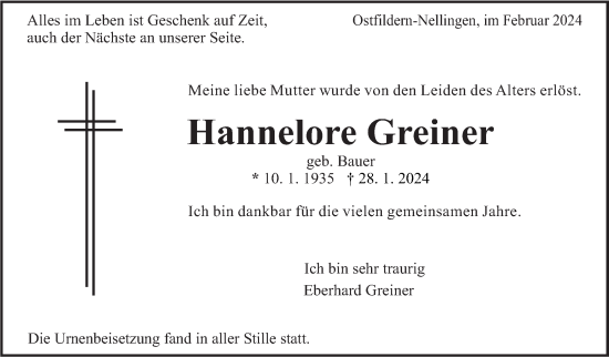 Traueranzeige von Hannelore Greiner von Eßlinger Zeitung/Cannstatter Zeitung