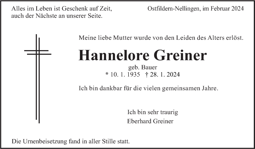  Traueranzeige für Hannelore Greiner vom 10.02.2024 aus Eßlinger Zeitung/Cannstatter Zeitung