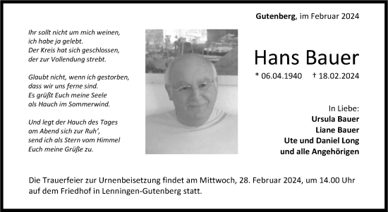 Traueranzeige von Hans Bauer von Eßlinger Zeitung/Cannstatter Zeitung