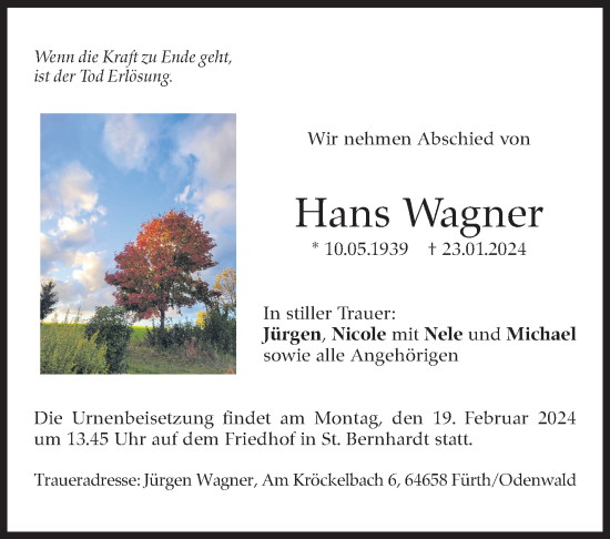 Traueranzeige von Hans Wagner von Eßlinger Zeitung/Cannstatter Zeitung