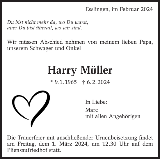 Traueranzeige von Harry Müller von Eßlinger Zeitung/Cannstatter Zeitung
